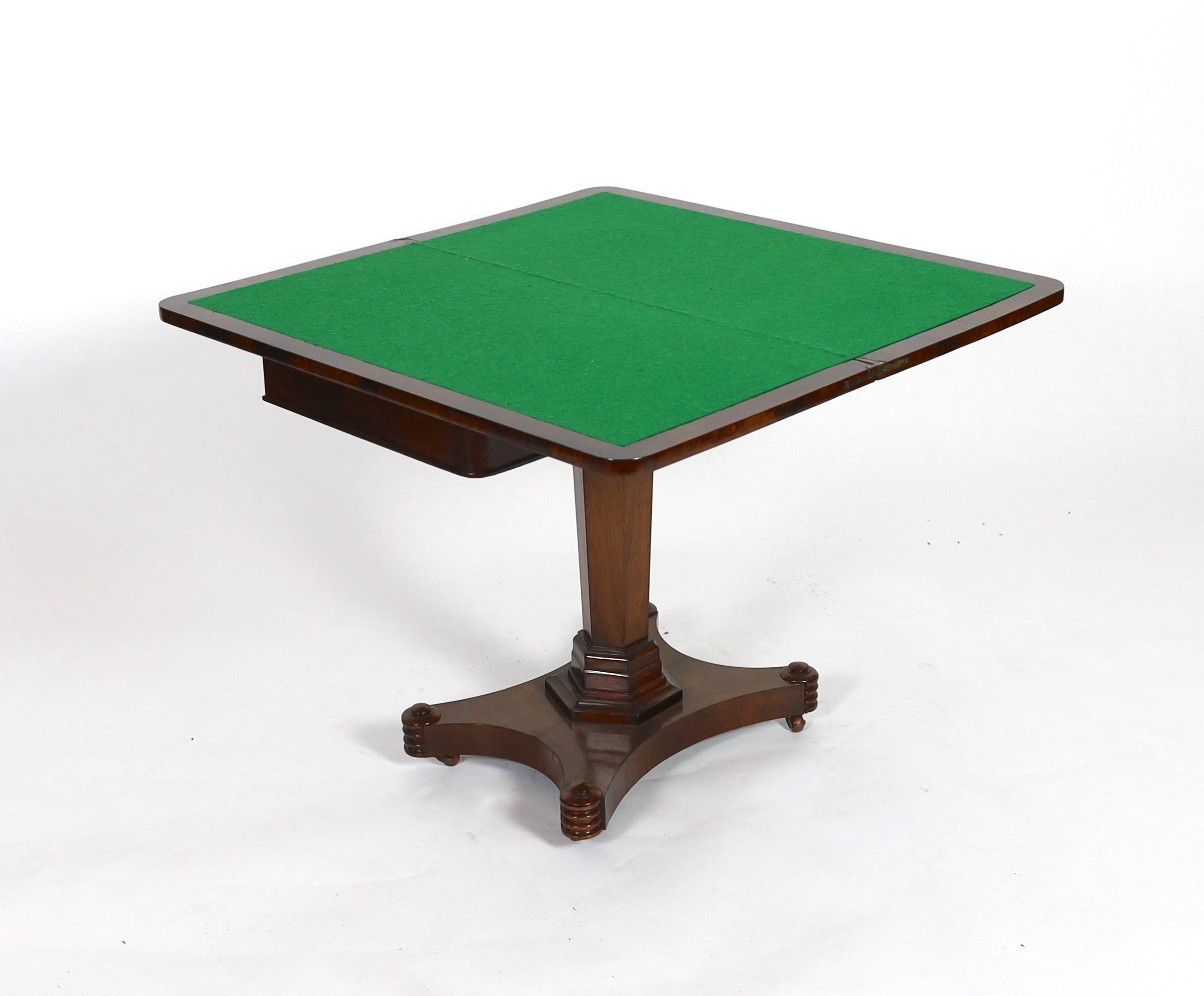An early Victorian rectangular rosewood folding card table, on hexagonal column, width 92cm depth 46cm height 73cm